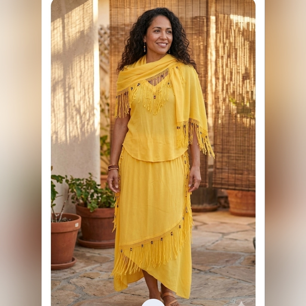 SANDRO Brand...Sunny Yellow Fringe Maxi Skirt & Shawl Set (G)